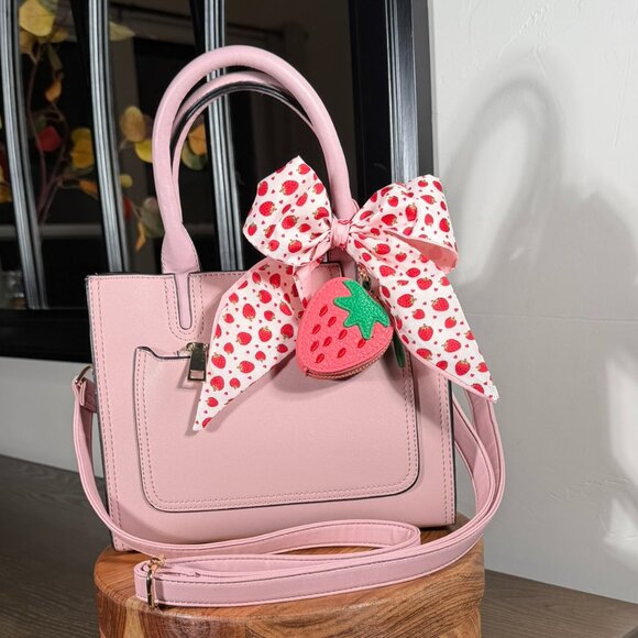 Pink Faux Leather Top Handle Satchel with Strawberry Twilly & Coin Purse Charm - Picture 1 of 15